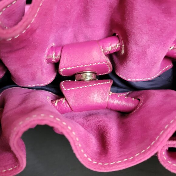 👜 Donald J Pliner Pink Faux Suede Drawstring Shoulder Bag - Picture 9 of 15